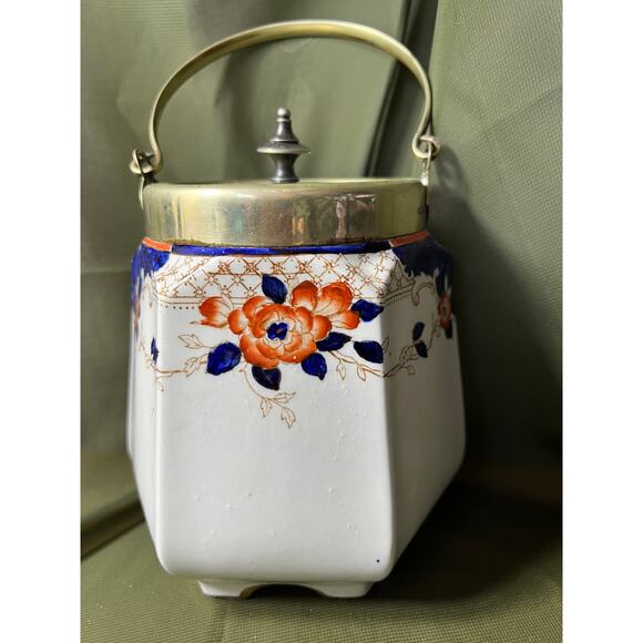 Antique Biscuit Jar Blue White EPNS lid Warwick PPC Ltd England Epsom - Picture 1 of 14